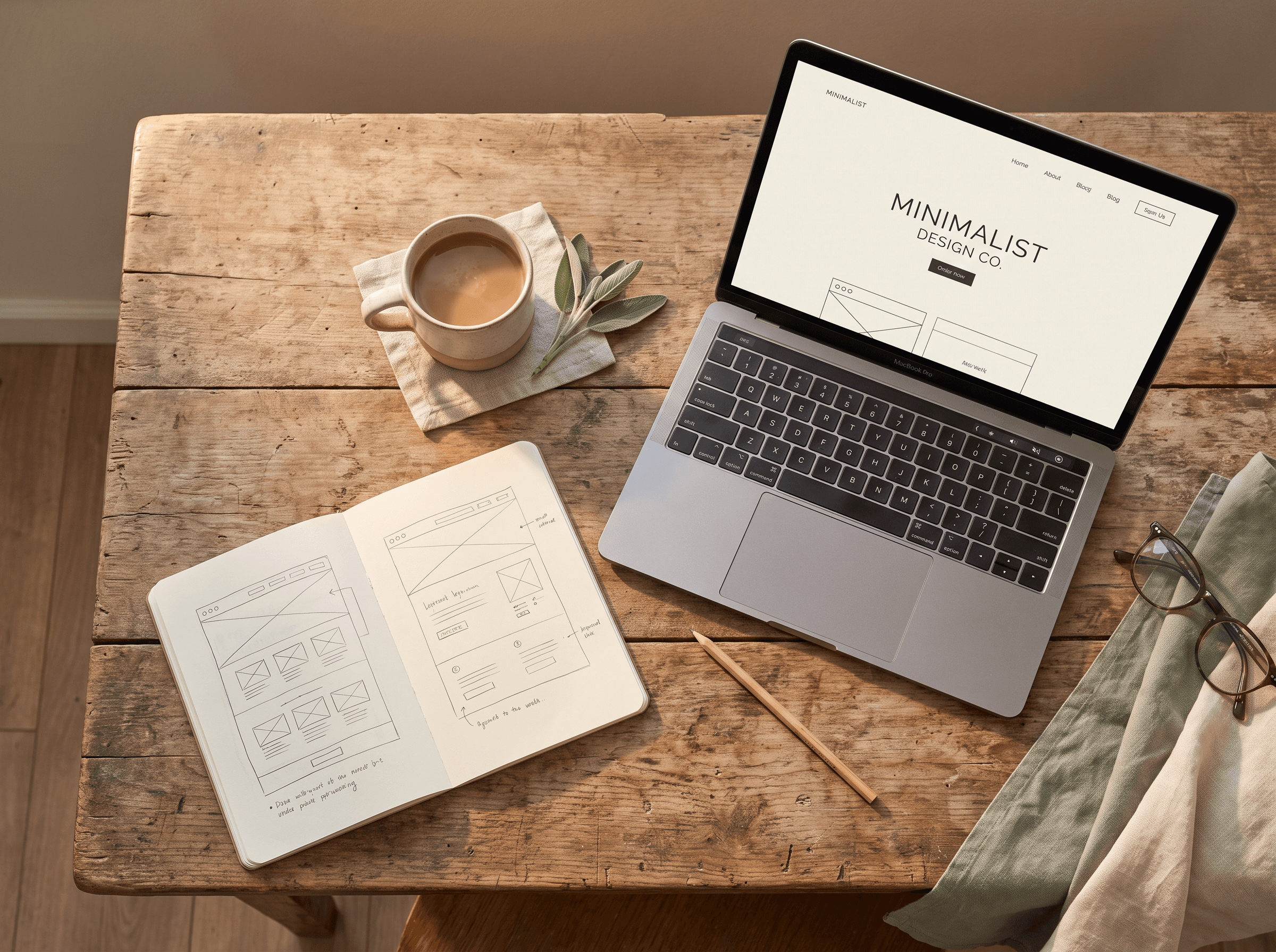 Hand-drawn website wireframes in a notebook next to a laptop