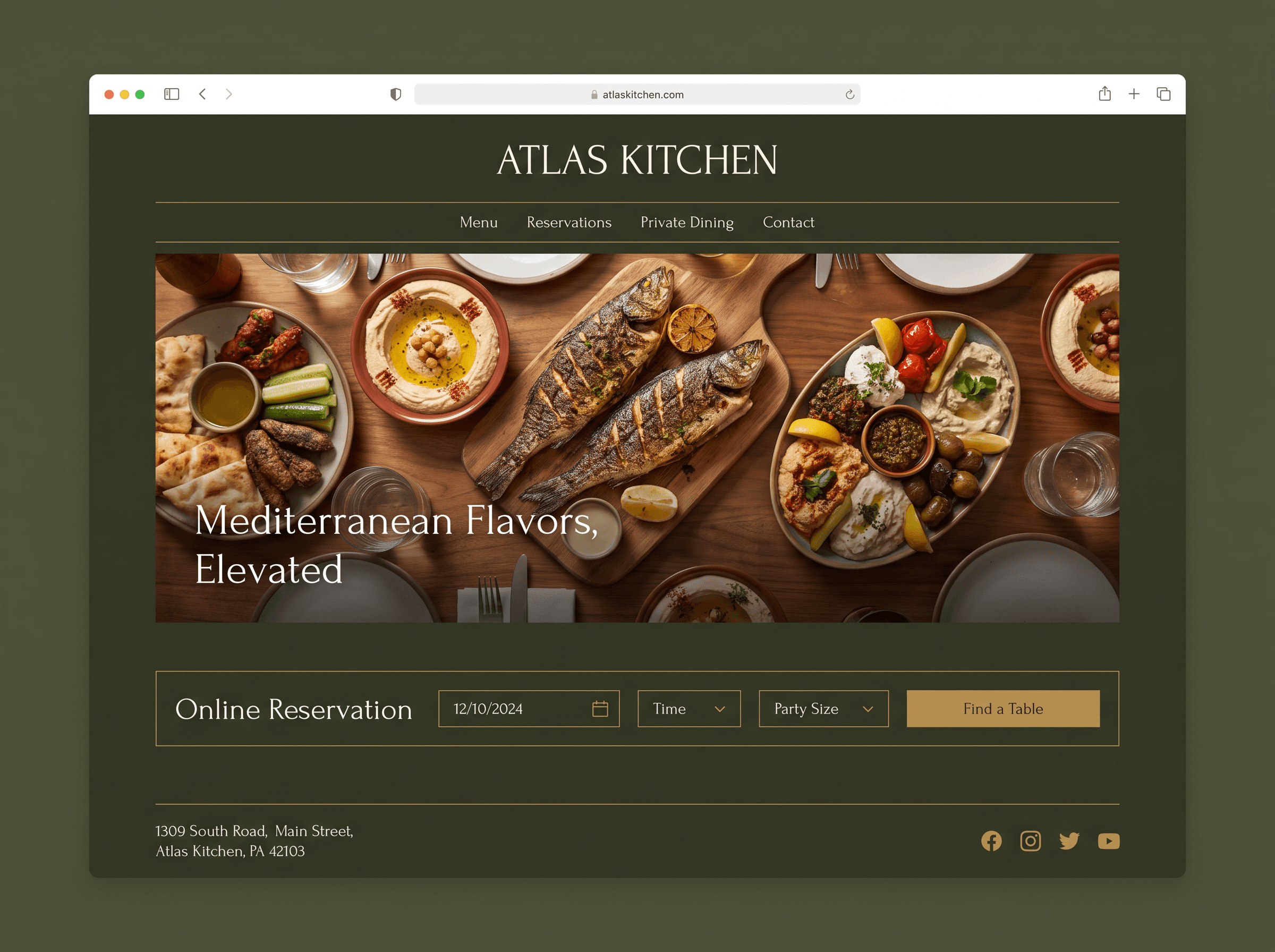 Atlas Kitchen restaurant website with dark olive design and food photography