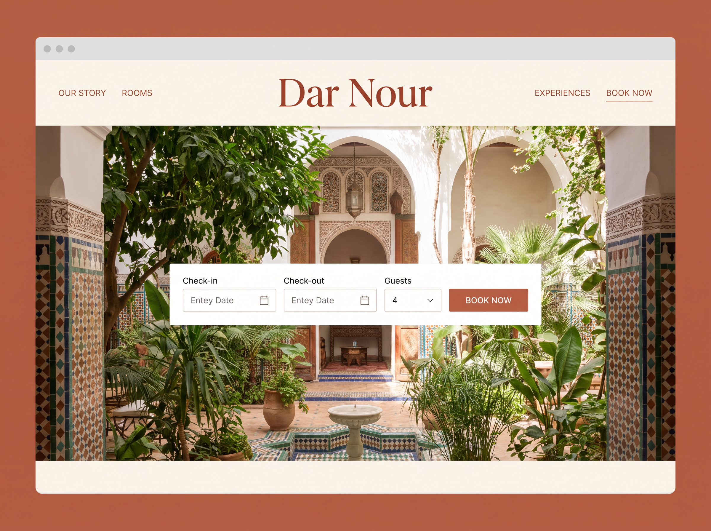 Dar Nour riad booking website with a sunlit courtyard photograph