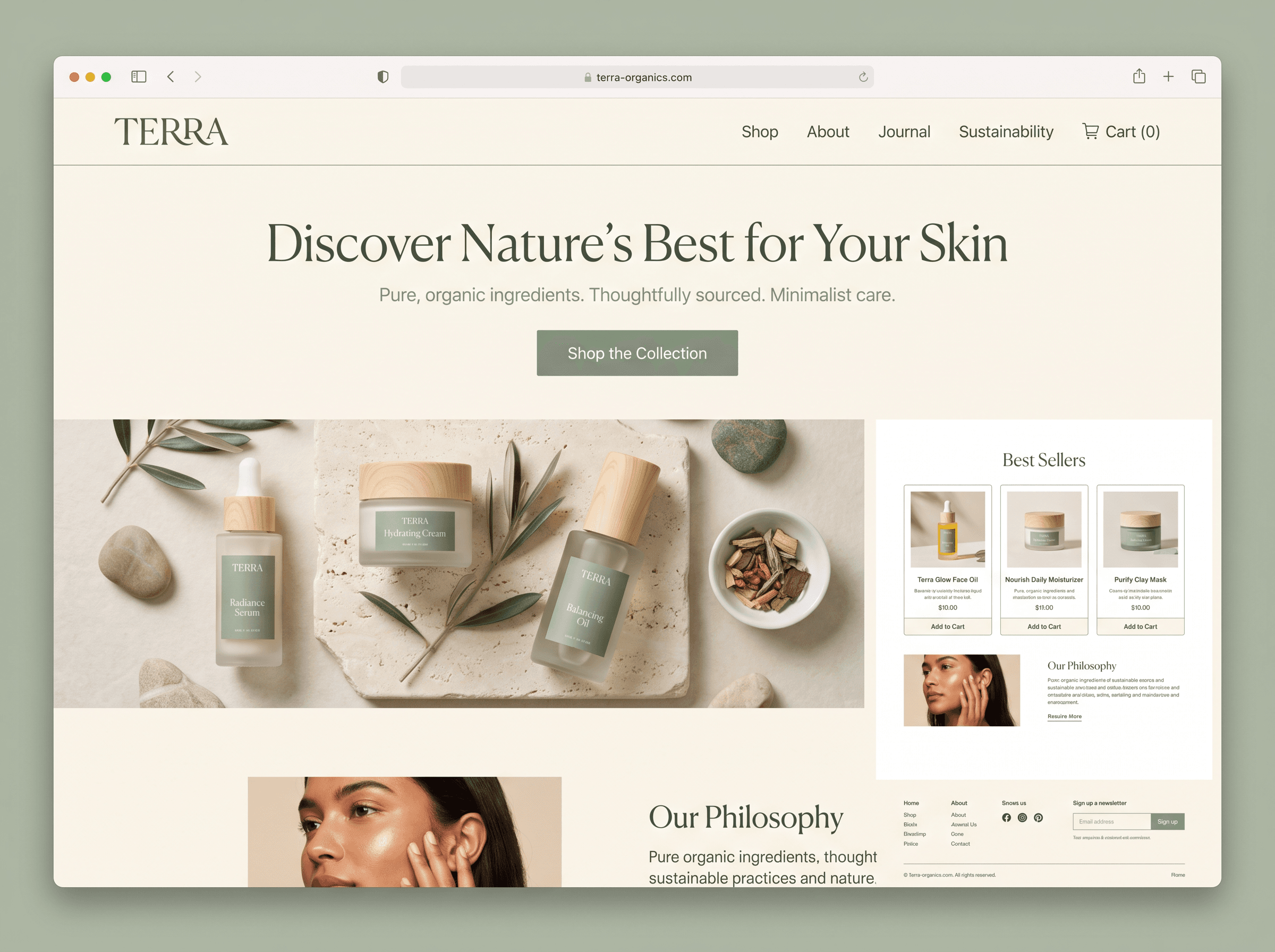 Terra skincare online store homepage with cream and sage tones