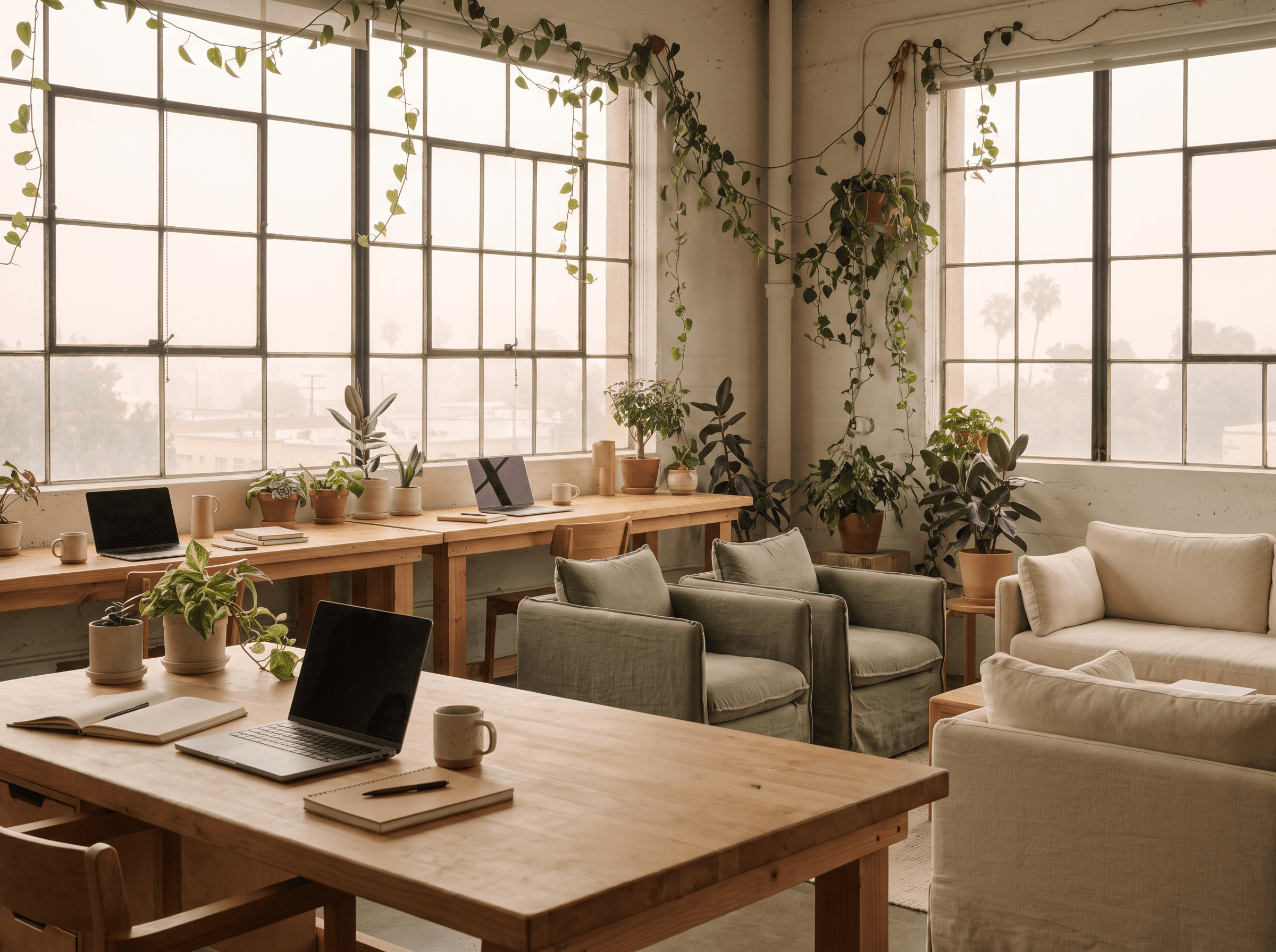A bright, plant-filled design studio with wooden desks
