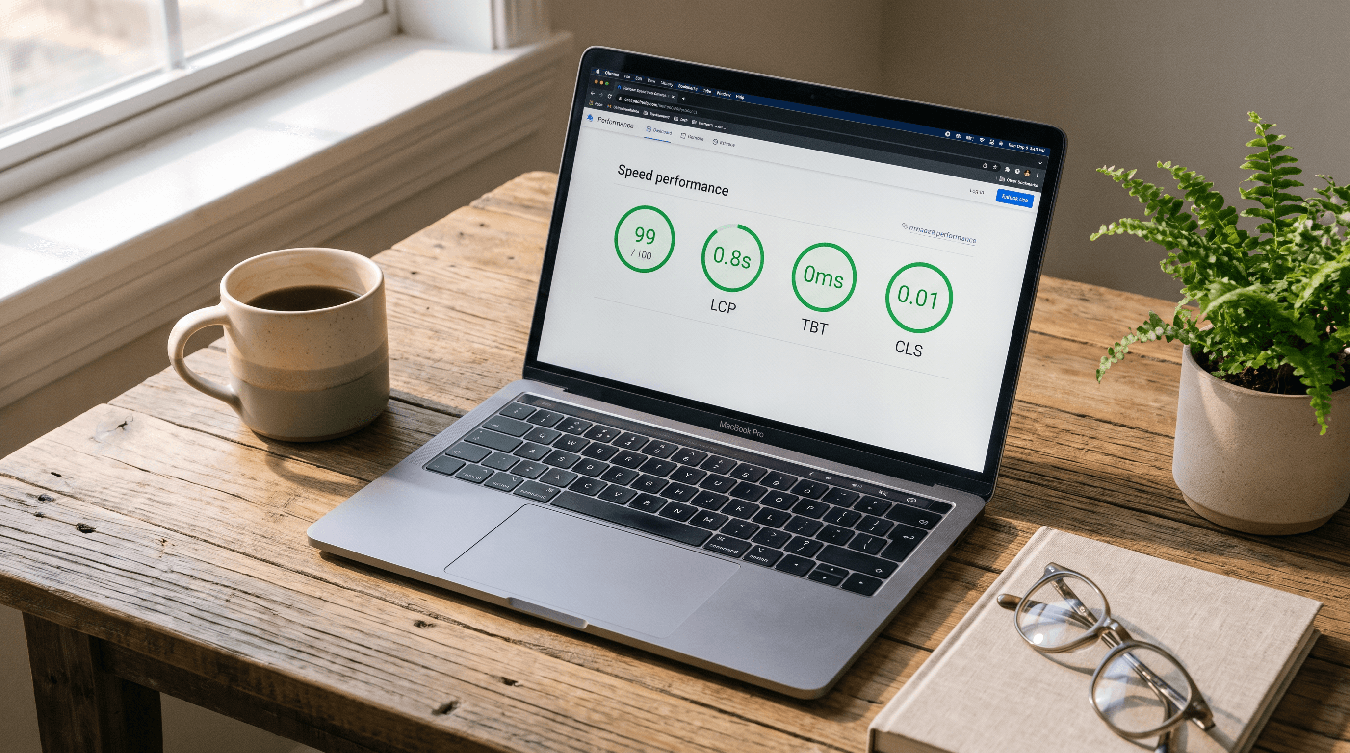 Laptop showing a website performance dashboard with green scores on a warm wooden desk